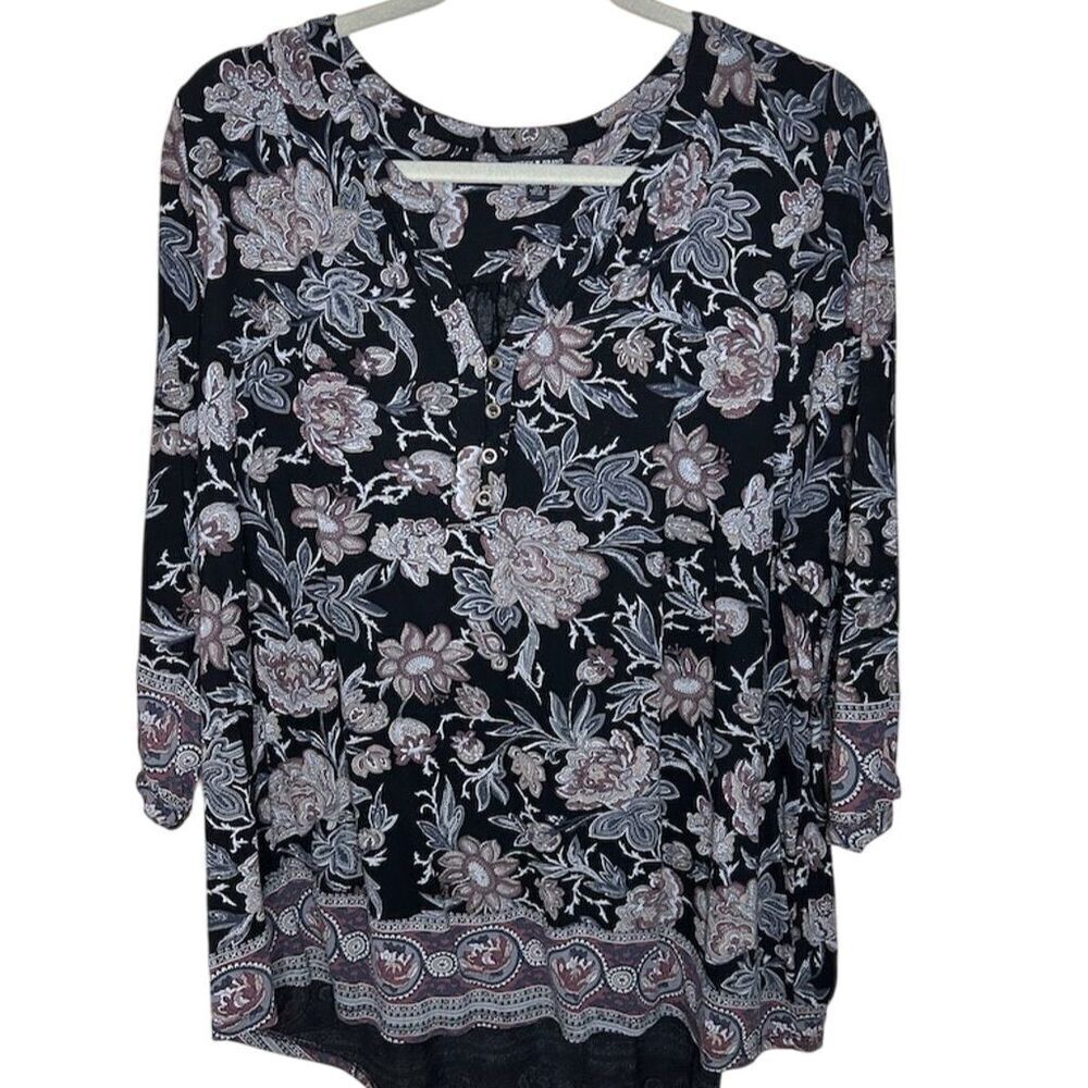 Lucky Brand Women's 2XL Black Floral Peasant Blouse 3/4 Sleeve Casual